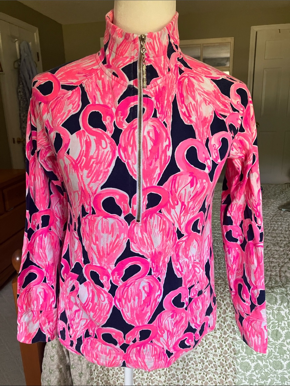 Lilly Pulitzer pink flamingo half zip cotton and spandex top XS EUC